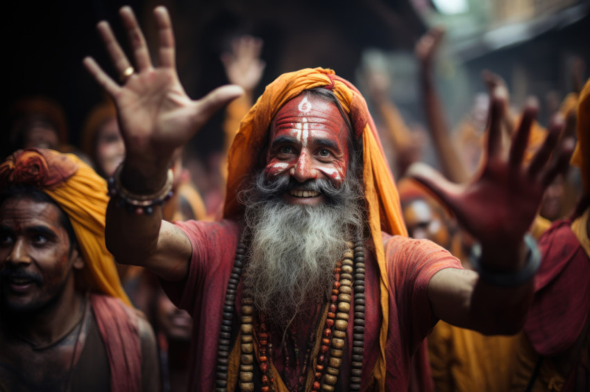 Man in orange garb greeting people hands over face expressing welcome and warmth in friendly interaction