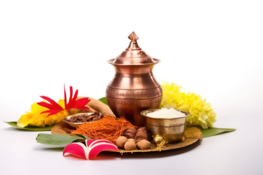 Copper kalash coconut mango leaf pooja thali diya kumkum and sweets on a white background with floral decoration