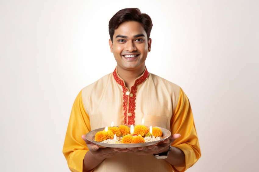 Indian man in traditional attire holds festive plate with marigold and diya lights celebrating diwali on a white background