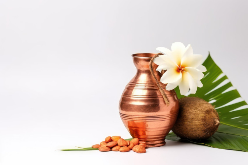 Copper kalash with coconut mango leaf and floral decoration on a white background hindu puja for divine rituals