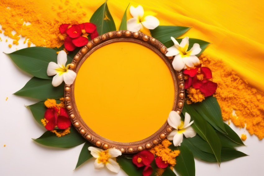 Festival celebration decoration with haldi kumkum flowers and leaves creating a vibrant and colorful arrangement for worship