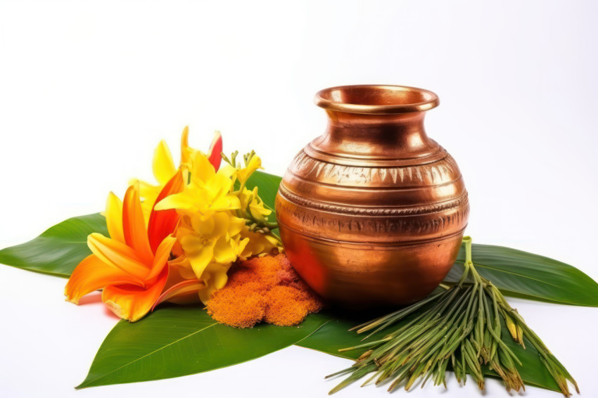 Copper kalash with coconut mango leaf and marigold flower isolated on white background