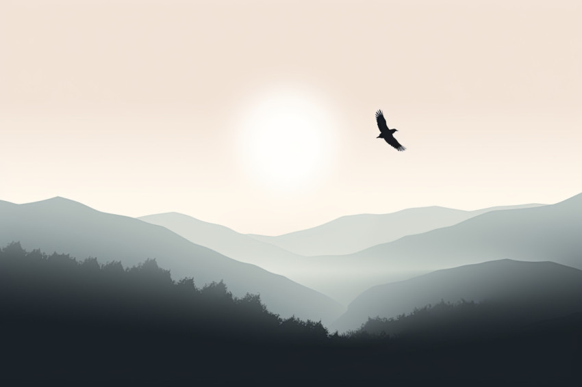 Minimalist monochromatic landscape featuring a solitary bird in graceful flight against a serene backdrop
