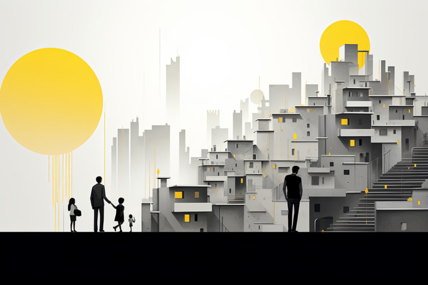 Family embraces future in urban landscape blending technology and modernity in daily lives Minimalist illustration of a forward thinking family