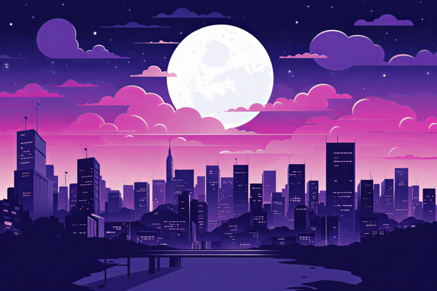 Moonlight bathes a captivating purple cityscape in this minimalist illustration revealing a dreamy urban panorama with towering buildings aglow