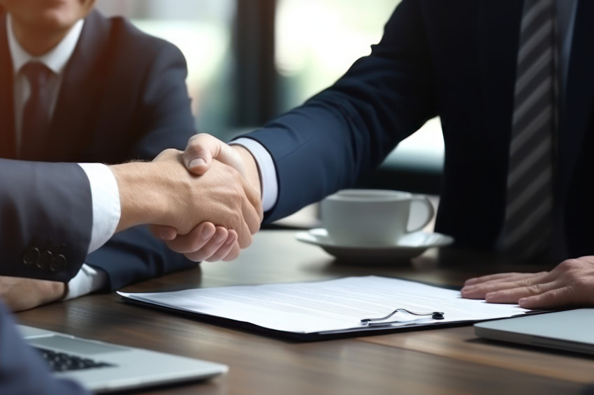 Two business partners shaking hands over briefing table sealing successful deal in office meeting