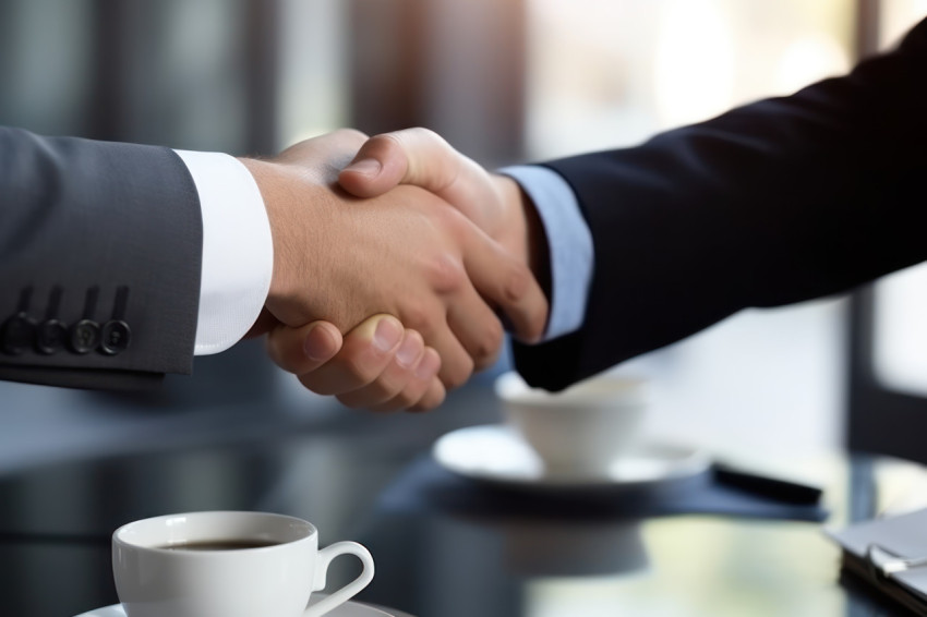 Two business partners shake hands over a table sealing a successful deal in a professional meeting