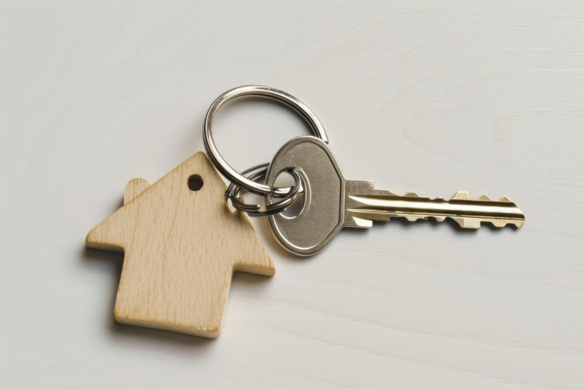 House shaped key chain attached to a key symbolizing home ownership and security