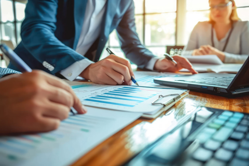 Business colleagues analyze company operations discussing sales expenses and profits under government concession terms at the annual meeting