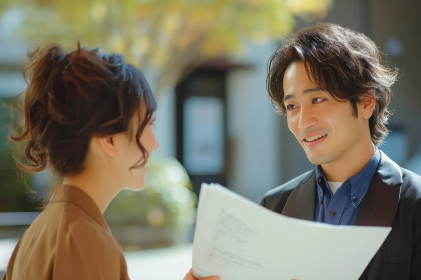 Man talks to woman with documents discussing details in office