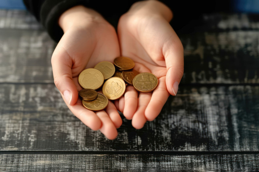 Woman and son hold coins on table symbolizing support