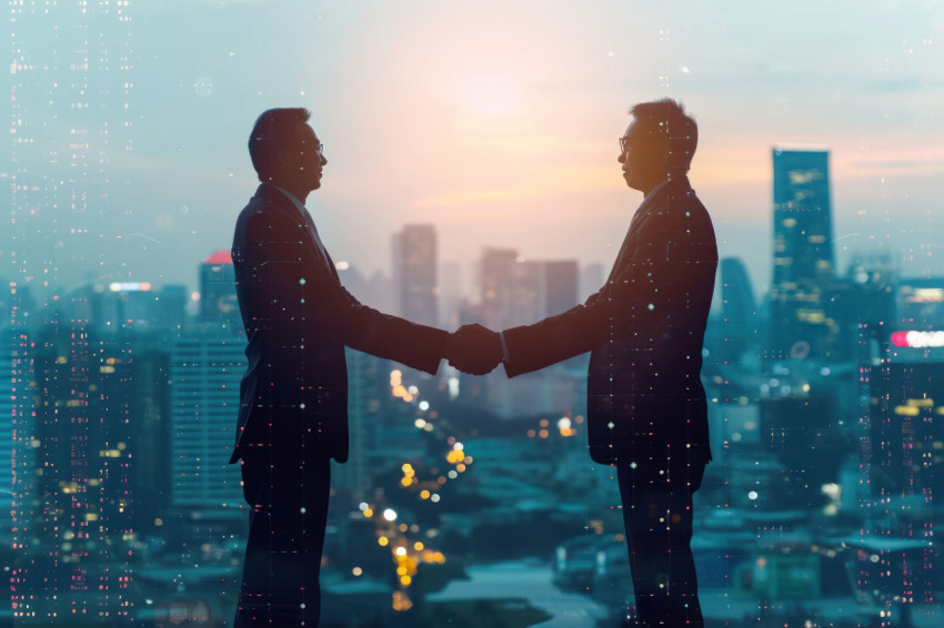 Two business men shaking hands with city skyline in the background celebrating a successful partnership deal