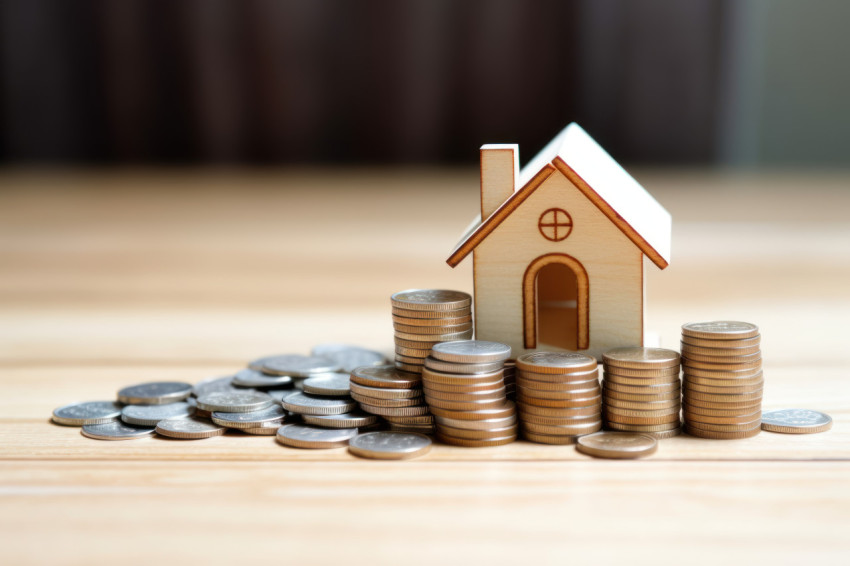 House key and coin stack on table symbolizing real estate or home rental concept