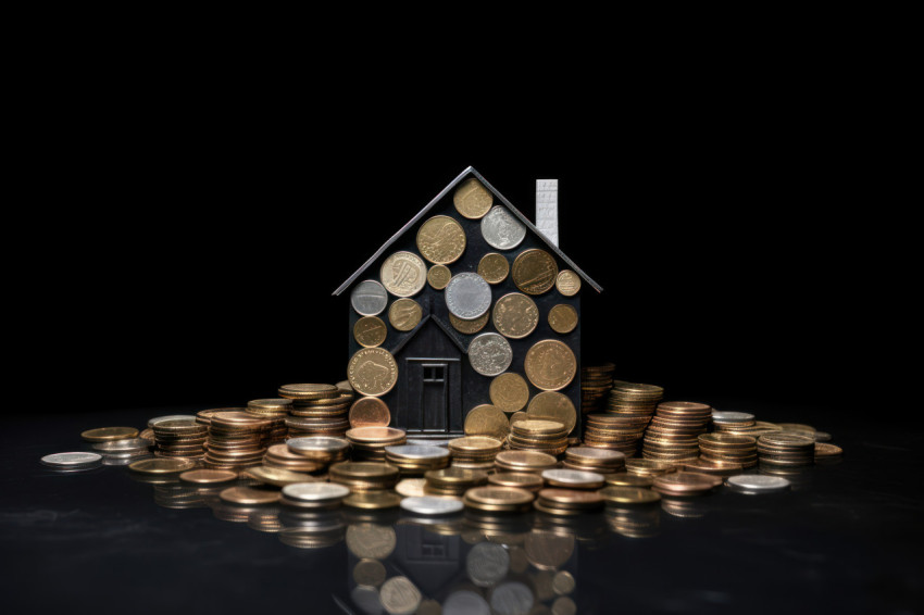 Coins form a house on a black background illustrating the concept of a mortgage for homeownership