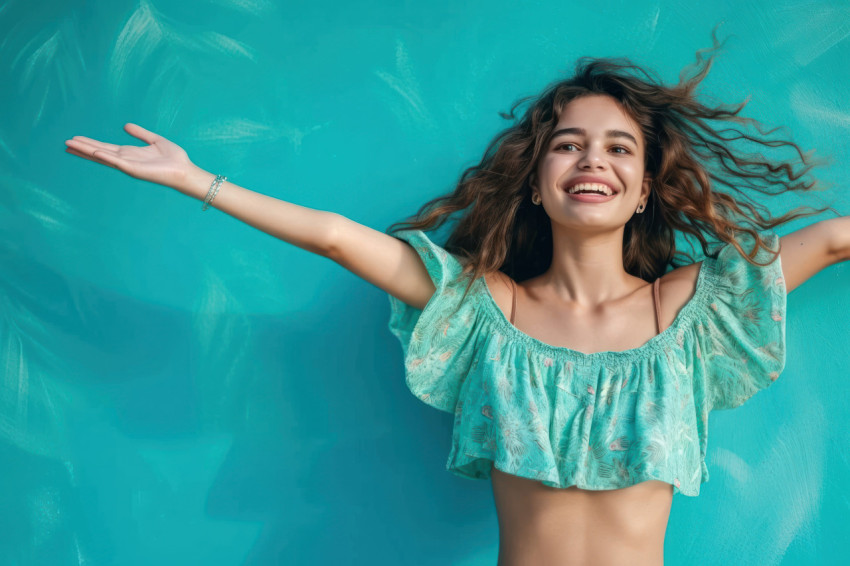 Satisfied girl in her 20s extends arms in freedom gesture against tropical teal background headshot portrait photography