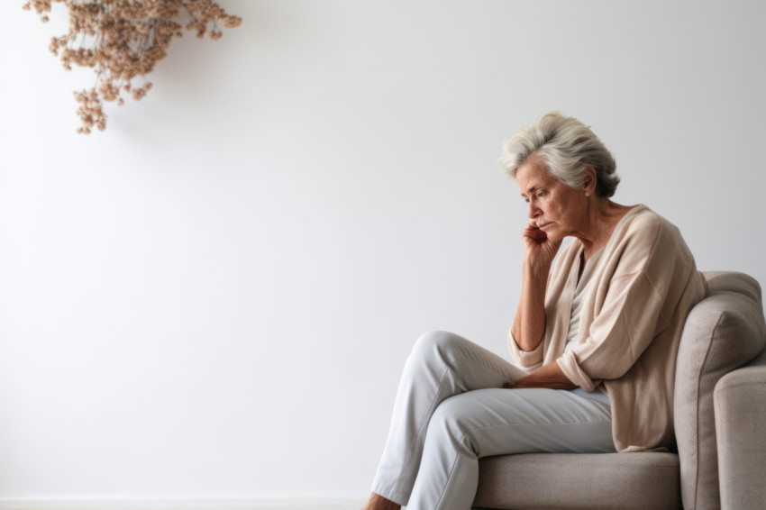 Lonely senior woman in her 60s sitting sadly on the sofa