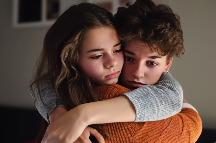 Two teens embracing sadly in bedroom finding comfort in each other during a difficult moment