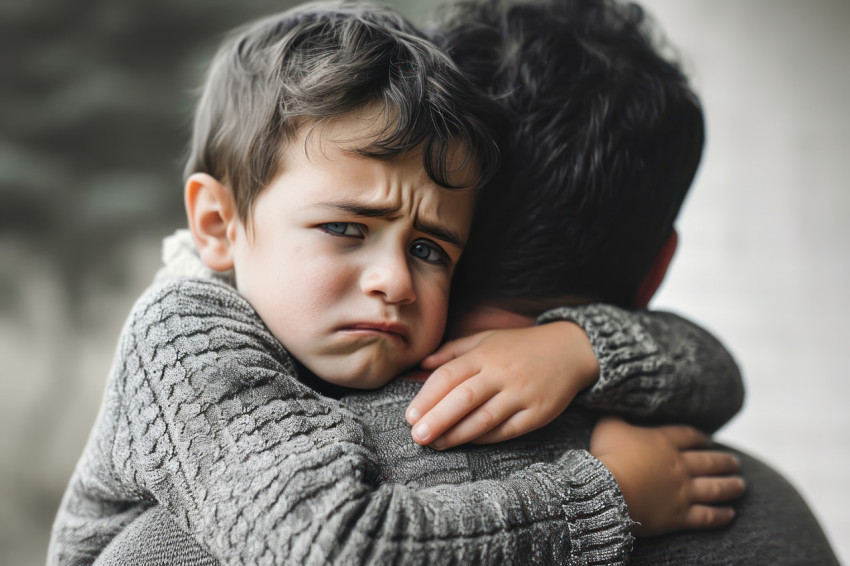 Upset little boy crying on his father shoulder seeking comfort and reassurance in a tender moment of parental support