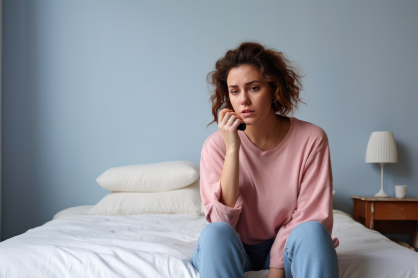 Millennial woman sits on bed holds phone coping with grief and loss upset after unpleasant phone talk lost in thoughts