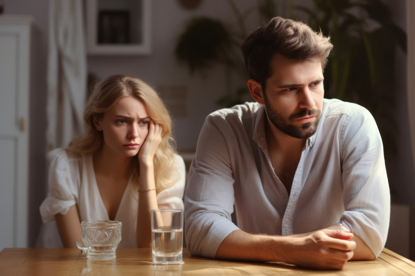 Unhappy husband sitting leaning over water glass young woman reassuring him at the table