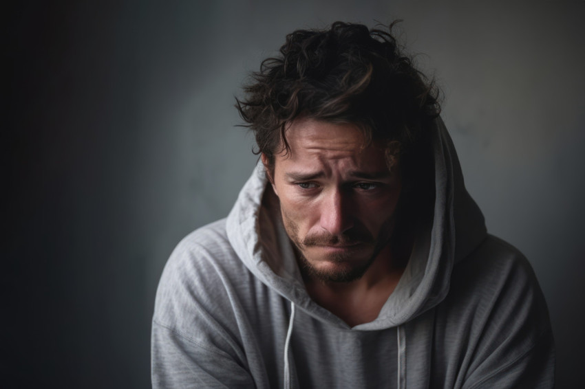 A man expressing deep sadness and facing the challenges of depression in a powerful portrait