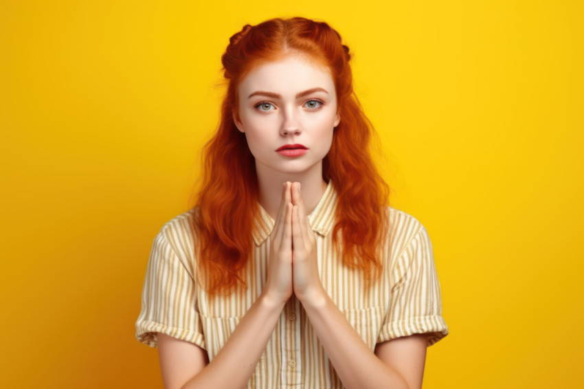 Desperate ginger girl in shirt prays for forgiveness expressing sorrow for a mistake in a studio shot on yellow background