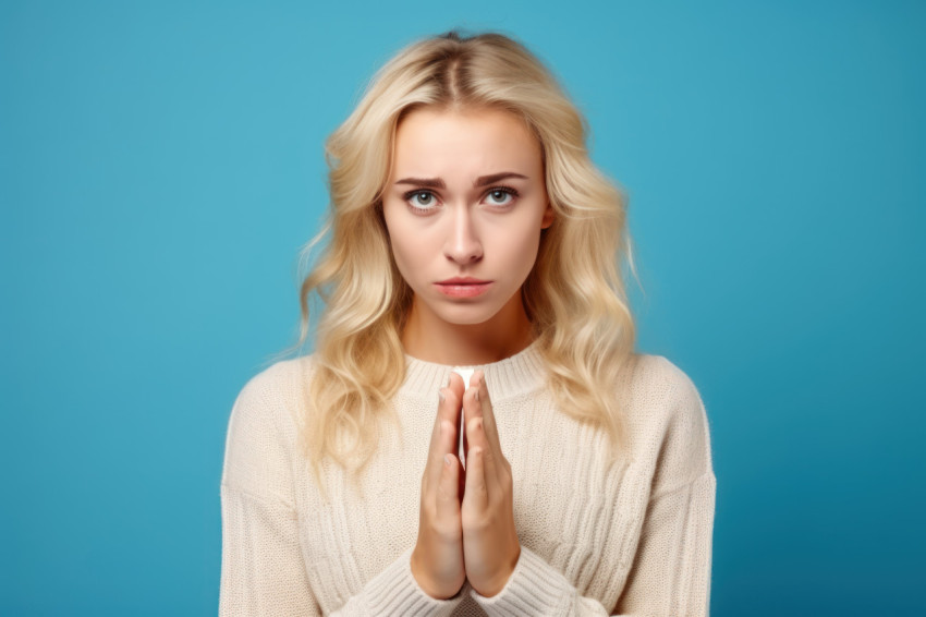 Beautiful woman in sweater pleads for a extra holidays expressing guilt in an indoor studio shot on a blue background