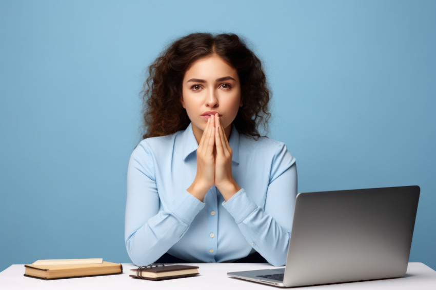 Young woman employee at workplace holds hands in praying gesture pleading for help with a desperate face on blue background