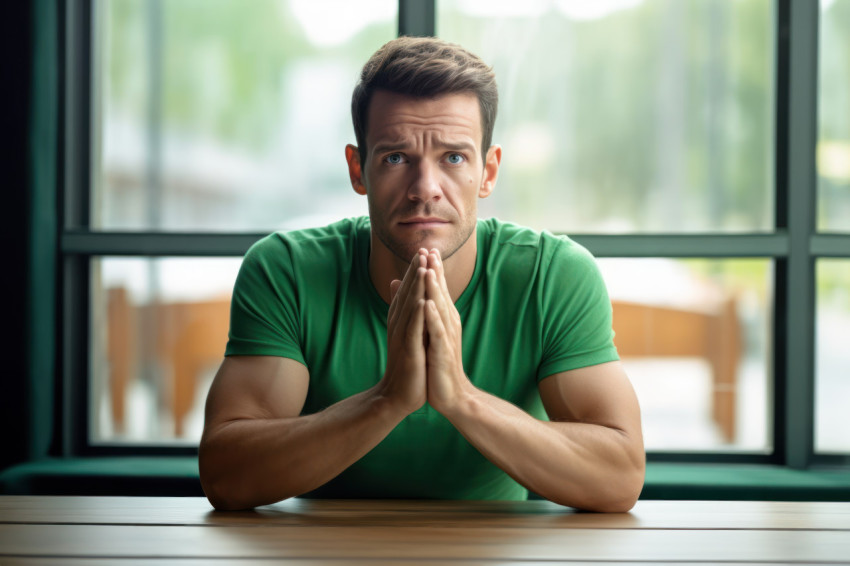 Young businessman in green t shirt pleads for help expressing worry about a business problem indoors near a big window in daylight