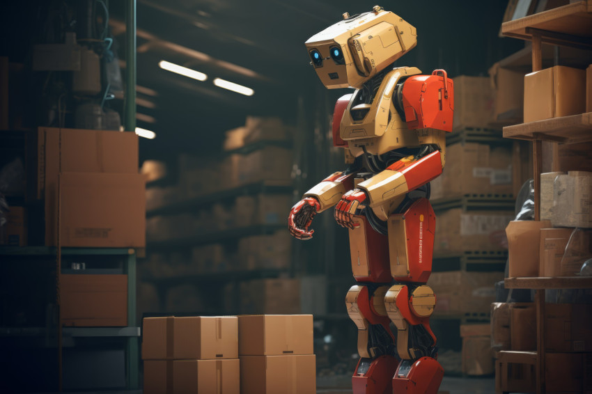 Robot holding a box in warehouse