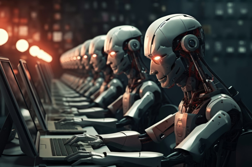 Robots in office working on computers efficiently managing tasks in a modern workspace