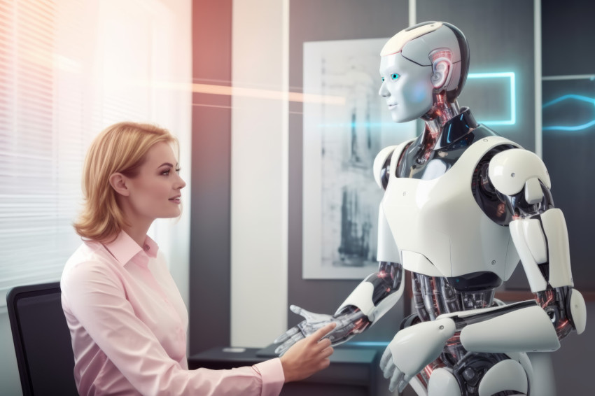 Robot stands before a woman in a conference room engaging in a futuristic interaction blending technology and human presence