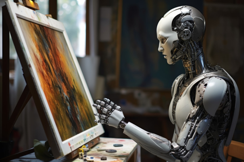 Robot artist creating lifelike paintings in a studio with precision and skill