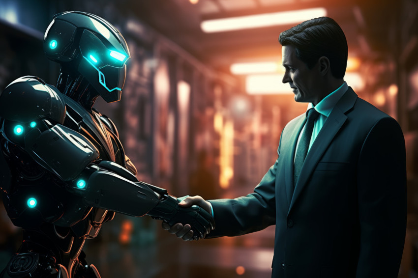 Businessman shakes hands with robot in futuristic office setting