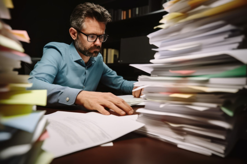 Businessman working amidst stacks of papers searching for unfinished paperwork and checking financial documents on a busy table