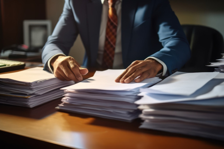 Business professional organizes paperwork on desk