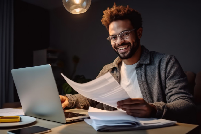 Young man smiles holds bills calculates payment pays online on laptop managing family budget paying taxes and bills conveniently with e banking