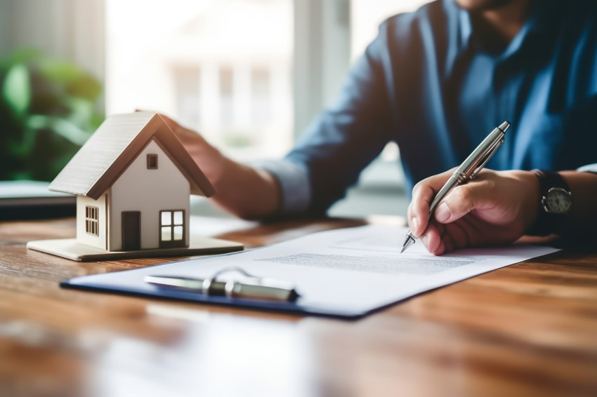 Realtor advises buyer to sign mortgage document close up on tenant hand holding pen signing paperwork