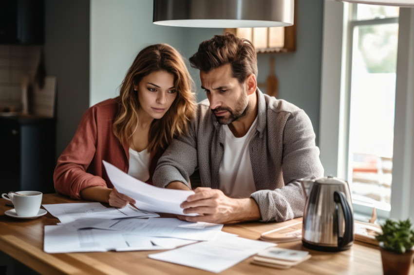 Young couple reviewing bills managing payments in the kitchen discussing financial responsibilities and planning together