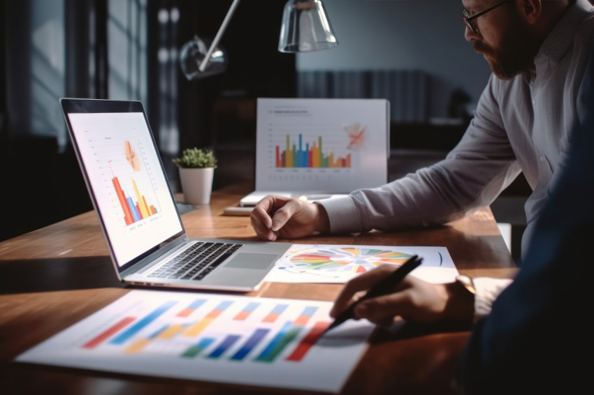 Business team closely examines income charts and graphs using a modern laptop focusing on business analysis and strategy for success