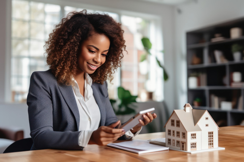 African american businesswoman real estate agent using smartphone and calculator to offer mortgages in home finance concept