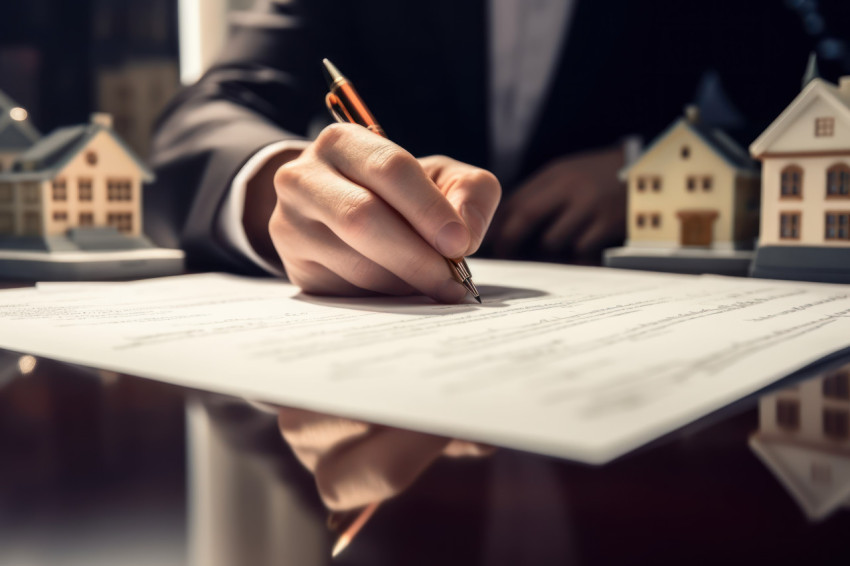 Person signing legal home loan paperwork for a new house ensuring a secure future