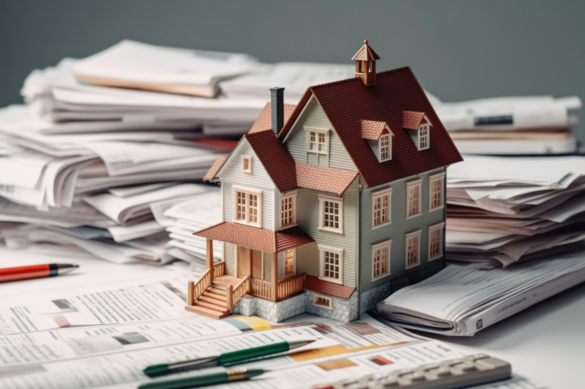 Real estate mortgage loans and paperwork on a desk with a pen emphasizing the process of securing a property investment through documentation