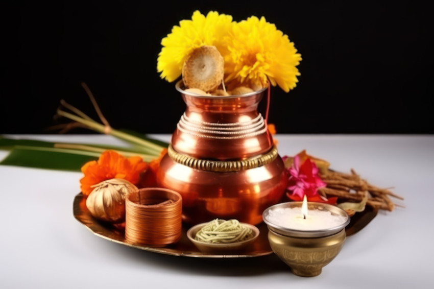 Copper kalash with coconut mango leaf pooja thali diya kumkum and sweets in a beautiful floral setting on a white background