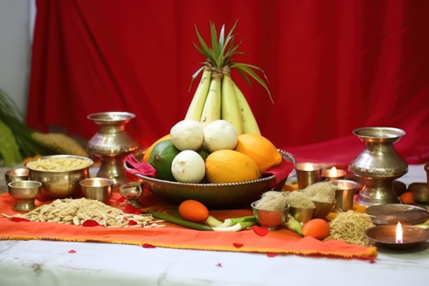 An arrangement for a traditional indian pooja featuring kalash diya brass samai betel nuts coconut mango leaves and fruits on a red cloth