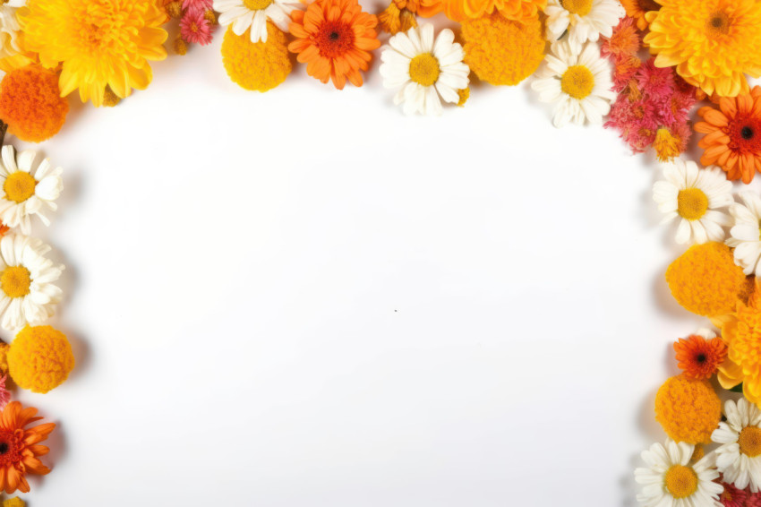 A stunning flat lay of yellow and orange flowers arranged on a white background