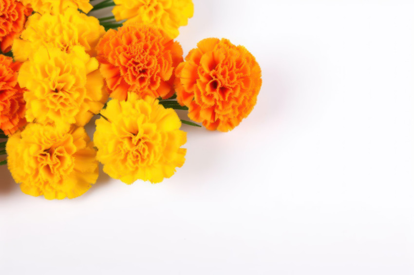 Vibrant orange and yellow marigold flowers beautifully isolated on a white background