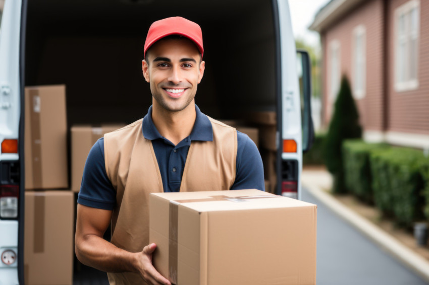 A focused young courier delivering packages swiftly with dedication and reliability