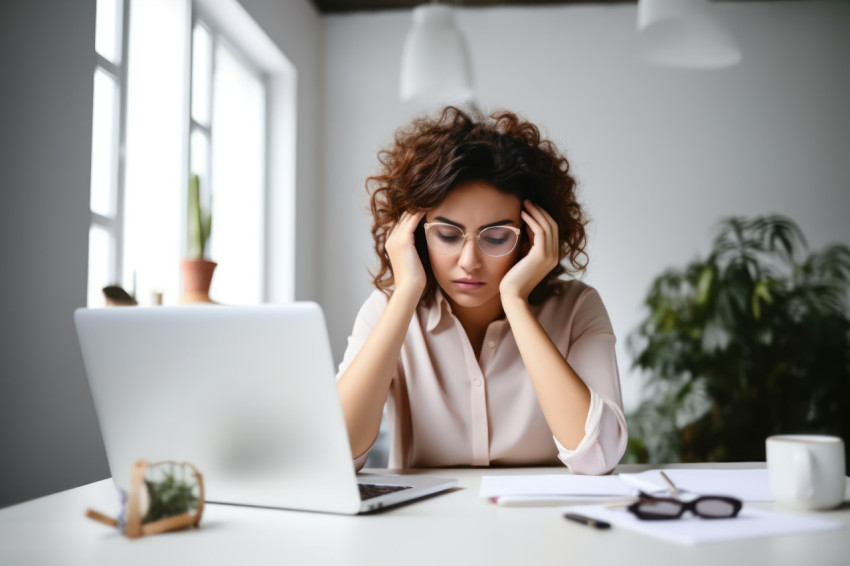 Woman entrepreneur dealing with a headache at her desk