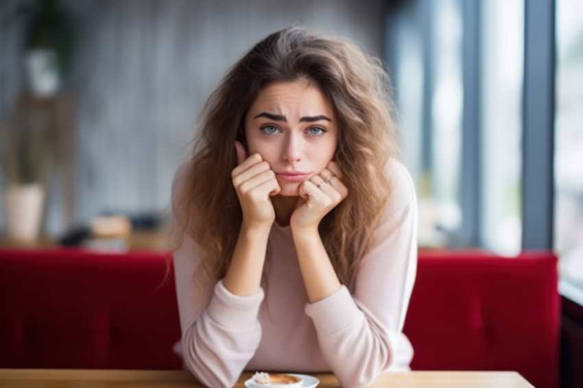 Woman in cafe looking forlorn anticipating someone presence